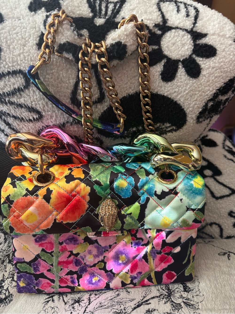 Multicolor Kurt Geiger Quilted Floral Chain Shoulder bag matching sandals